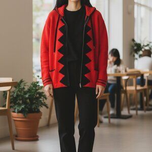Handmade Red & Black Knit Hooded Cardigan With Zigzag Design & Front Zipper Clos